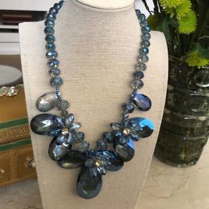 Aurora Bourealis Blue Crystal Beaded Statement Flower Necklace ~ Bling